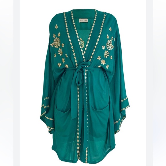Miss June Paris Green Kimono with Gold Embroidery | One Size - Picture 8 of 8